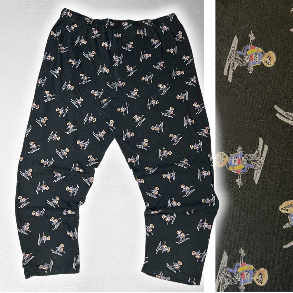 VTG Polo Bear Skiing Pajama Pants Ralph Lauren Men XL Sleepwear Black Loungewear